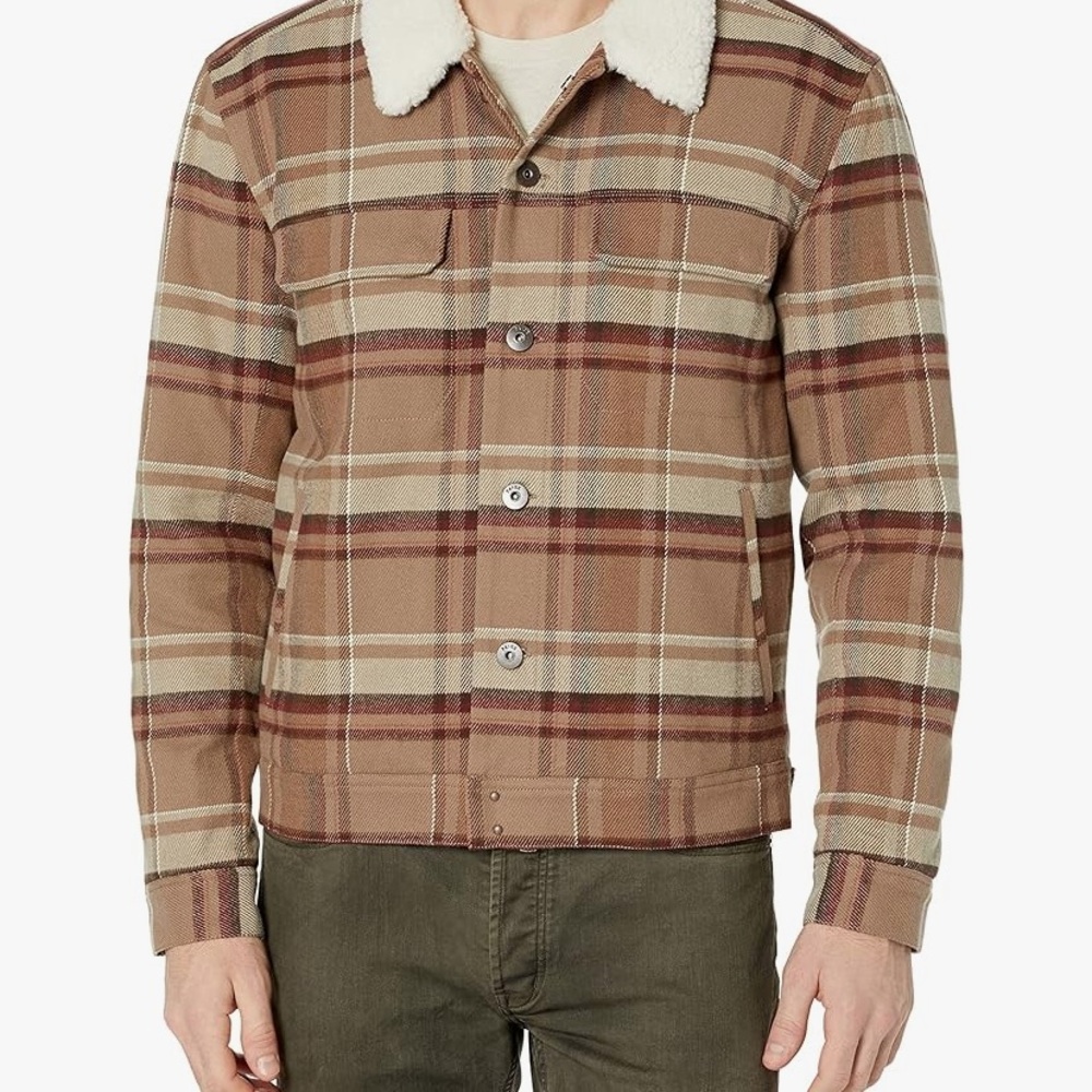 PAIGE Douglas burnt copper Brown Plaid Jacket with Sherpa Collar small